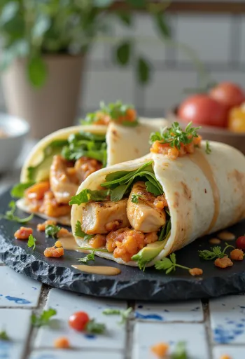 Wrap Fusion nadziewany kimchi, awokado, grillowanym kurczakiem i pieczoną papryką