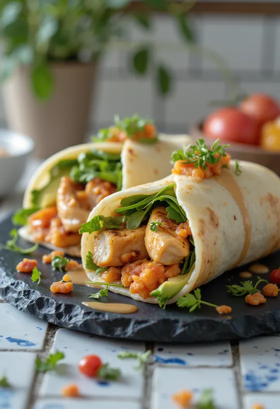Wrap Fusion nadziewany kimchi, awokado, grillowanym kurczakiem i pieczoną papryką