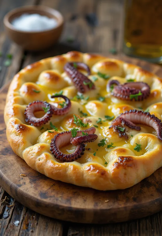 Focaccia z ośmiornicą i pietruszką serwowana