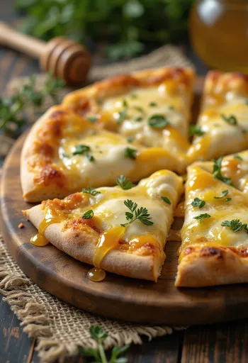 Pizza Quattro Formaggi z miodem podana na stół