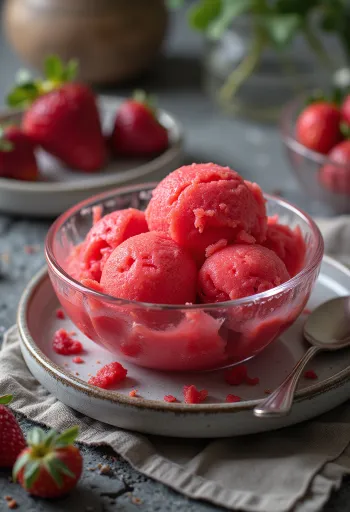 Intensywnie czerwony sorbet truskawkowy w szklanym pucharku