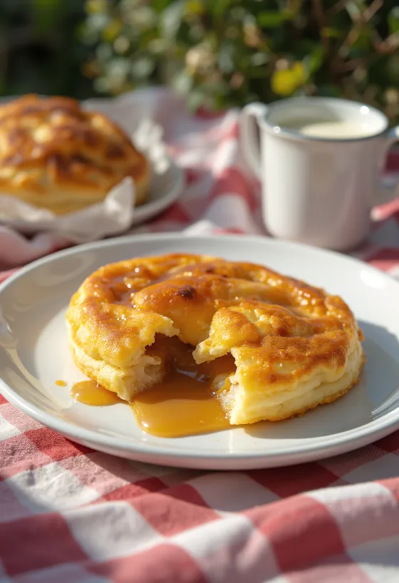 Æbleskiver nadziewane kremem karmelowym, upieczone na złocistobrązowo, posypane cukrem pudrem