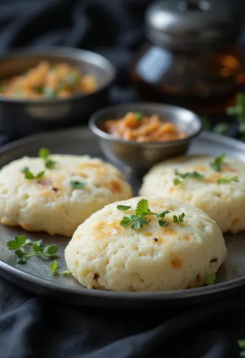 Świeżo przygotowane idli rava, gotowane na parze, udekorowane świeżymi liśćmi kolendry
