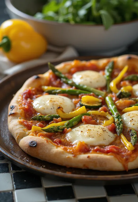 Pizza Primavera z wiosennymi warzywami i bazylią