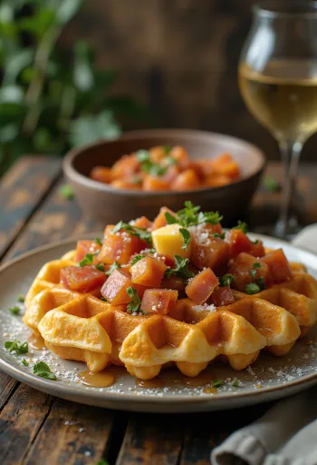 Gofry z chorizo i serem Manchego podane z natką pietruszki i wędzoną papryką
