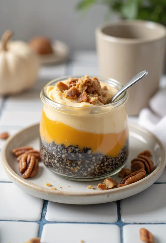 Pudding chia z dynią, podany z cynamonem i prażonymi orzechami