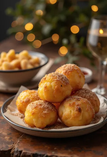 Zeppole z cukrem cynamonowym, usmażone na złotobrązowo, w pyle