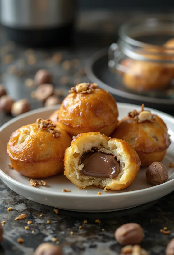 Æbleskiver nadziewane Nutellą, upieczone na złocistobrązowo, posypane cukrem pudrem