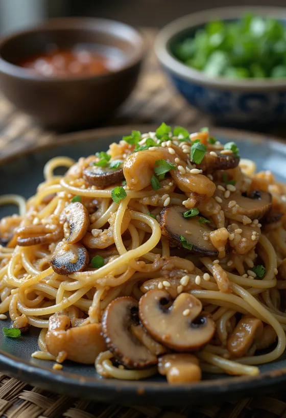 Japchae z grzybami, makaronem z batatów i warzywami