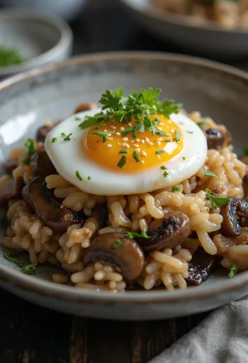 Onsen Tamago podawane z ryżem grzybowym