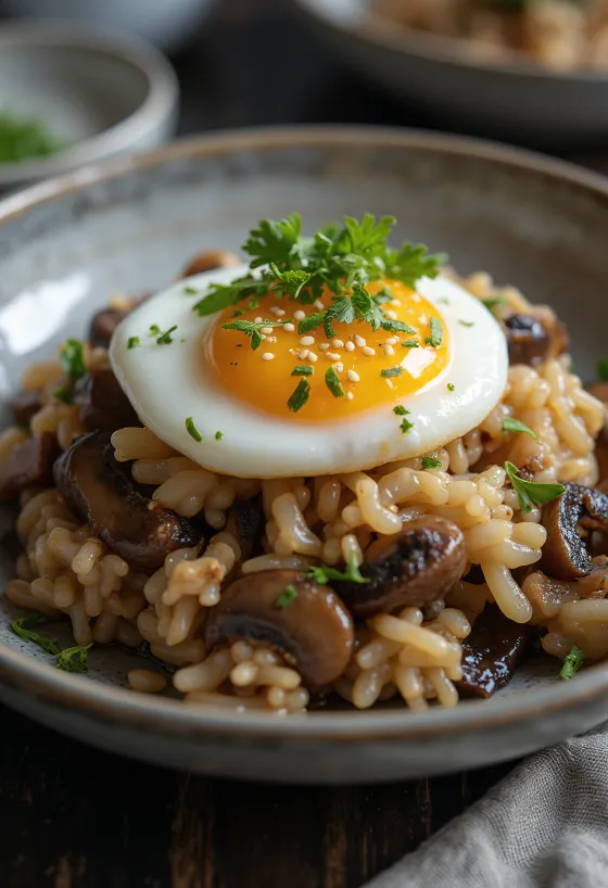 Onsen Tamago podawane z ryżem grzybowym
