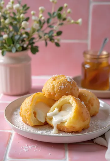 Æbleskiver z nadzieniem z ricotty, w kolorze złocistobrązowym, podawane z cukrem pudrem