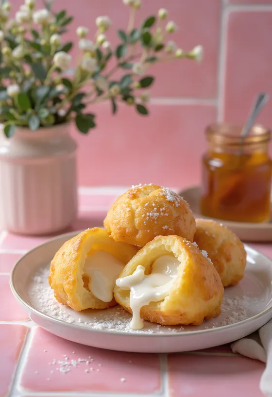 Æbleskiver z nadzieniem z ricotty, w kolorze złocistobrązowym, podawane z cukrem pudrem
