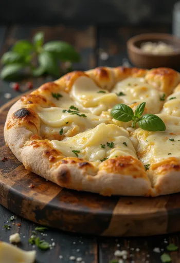 Pizza ai Formaggi podana z różnymi serami i świeżą bazylią