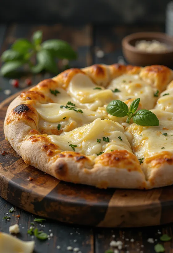 Pizza ai Formaggi podana z różnymi serami i świeżą bazylią