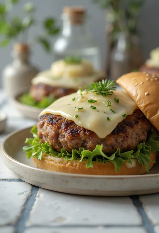 Burger Cielęcy z Estragonem podany na talerzu