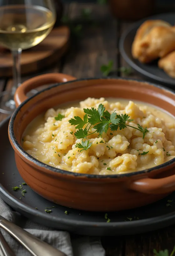 Açorda z dorszem, zupa rybna z białym winem, mlekiem i świeżą pietruszką