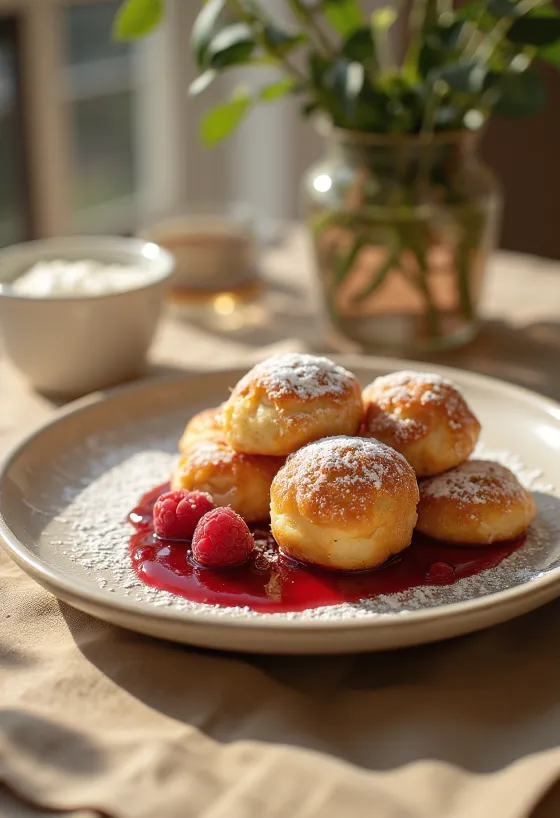 Æbleskiver z dżemem malinowym i cukrem pudrem