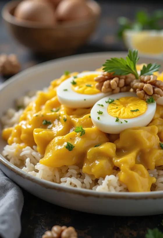 Ají de gallina z jajkiem, podane w bogatym sosie
