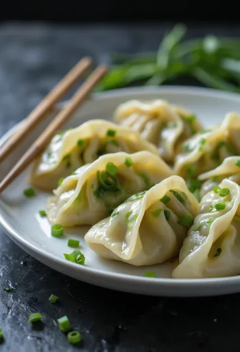 Chińskie wegańskie jiaozi ugotowane, podane na prostym porcelanowym talerzu, z nadzieniem warzywnym