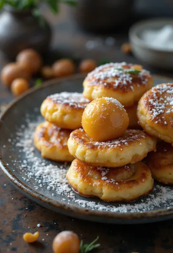 Naleśniki Æbleskiver, posypane cukrem pudrem