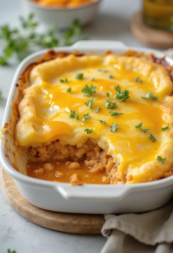 Fish pie z pikantną oliwą, podawane z ziemniakami, kawałkami ryby i serem