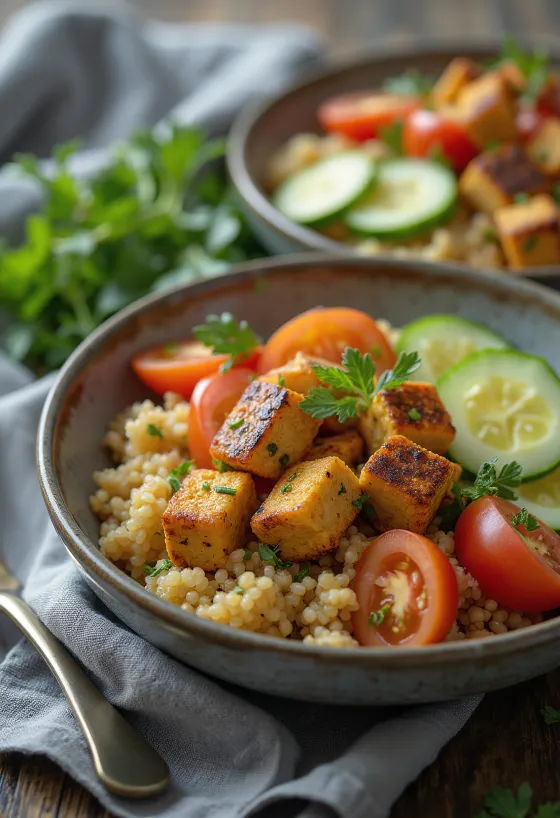 Grillowane tofu podane z sałatką z komosy ryżowej