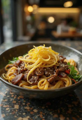 Japchae z wołowiną, makaronem z batatów i warzywami