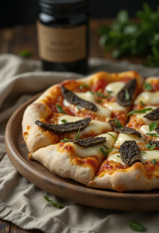 Pizza truflowa podana z mozzarellą i serem parmezan