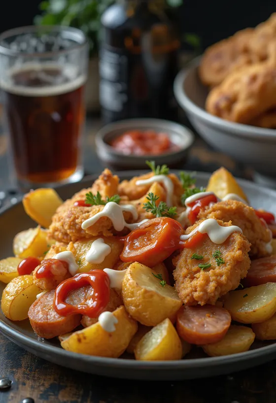 Salchipapas z pieczonym kurczakiem, podawane z chrupiącymi ziemniakami i kiełbasą