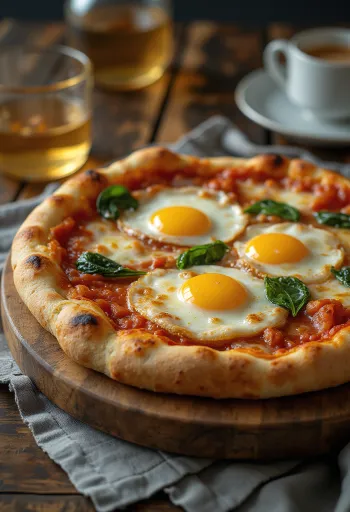 Pizza alla Bismark podana ze świeżym jajkiem i szpinakiem