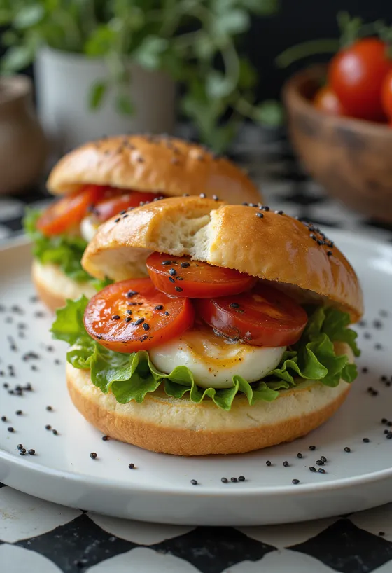 Bułeczki Bao z pieczonymi pomidorami i mozzarellą podane na talerzu