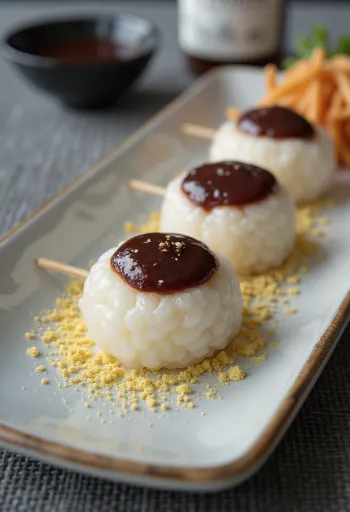 Anko dango posypane mąką sojową z pastą z czerwonej fasoli
