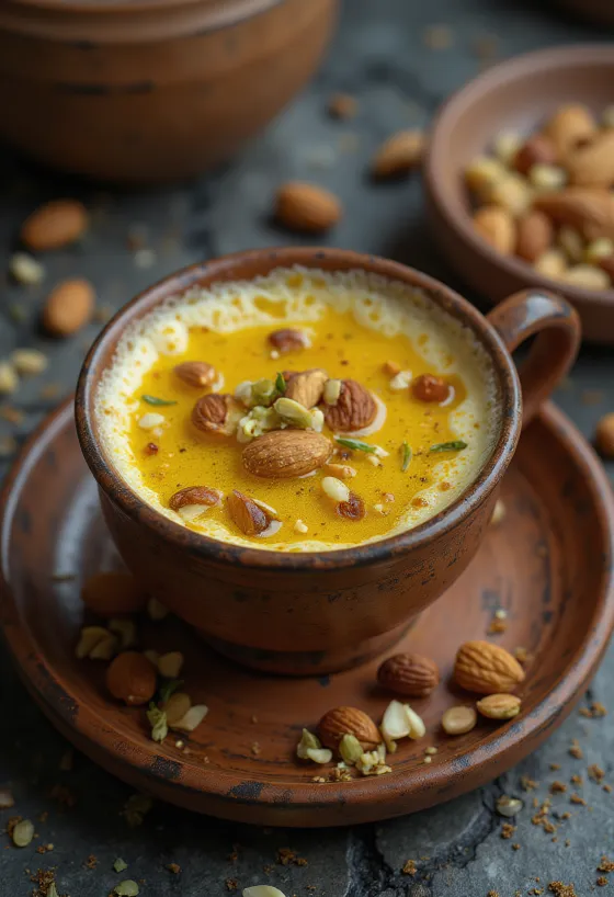 Kesar chai, indyjska pikantna herbata udekorowana migdałami i pistacjami