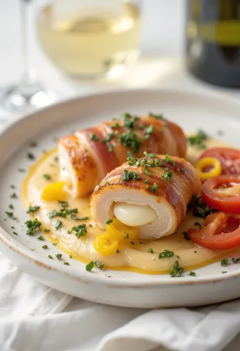 Saltimbocca nadziewana mozzarellą, udekorowana chrupiącym prosciutto i świeżą bazylią