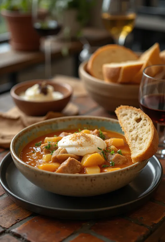 Tradycyjny gulasz segedyński z soczystą wieprzowiną i kapustą kiszoną, podawany ze śmietaną.