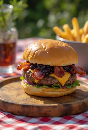 Wysoki burger z boczkiem i sosem borówkowym