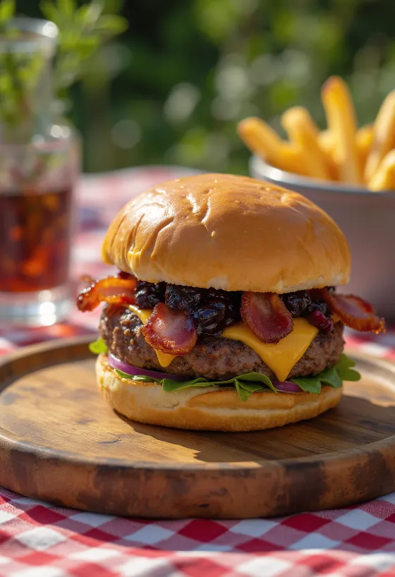 Wysoki burger z boczkiem i sosem borówkowym