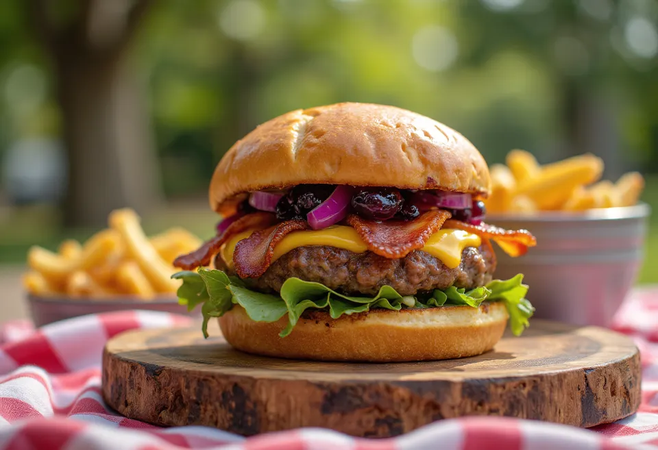 Wysoki burger z boczkiem i sosem borówkowym