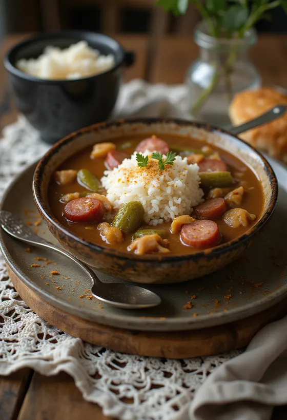 Gumbo z wędzoną kiełbasą, miska apetycznego, pikantnego dania