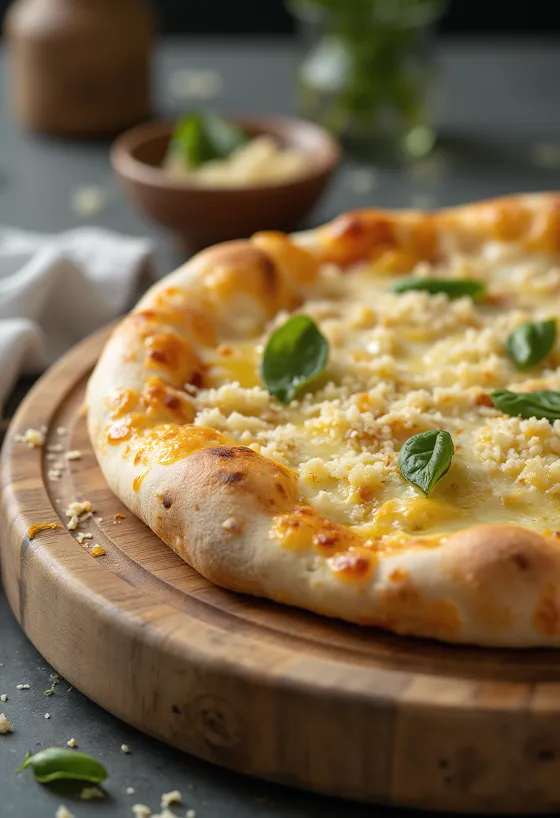 Biała pizza podana z ricottą, mozzarellą i świeżymi ziołami