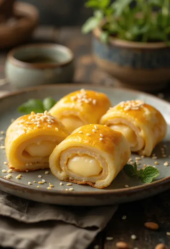 Tamagoyaki z serem, z roztopionym serem w omlecie jajecznym