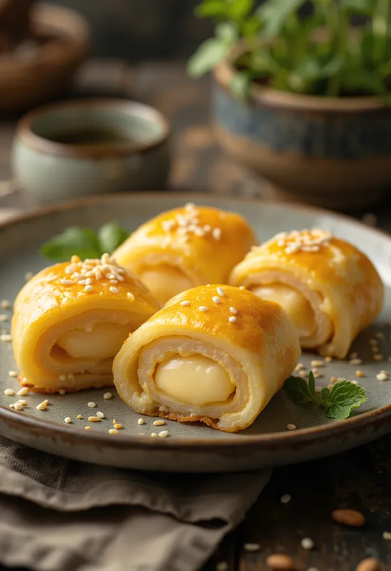 Tamagoyaki z serem, z roztopionym serem w omlecie jajecznym