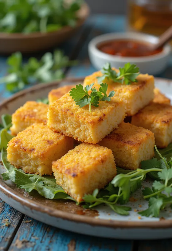Tofu smażone w panierce z mąki z ciecierzycy, chrupiące kawałki tofu podawane ze świeżą kolendrą