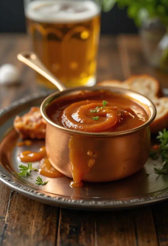 Piwno-miodowy sos BBQ podany na stole