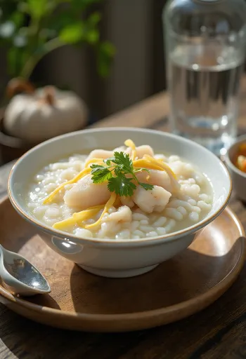 Rybne Congee podane ze świeżą kolendrą i konsystencją ryżową
