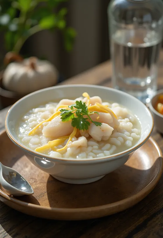 Rybne Congee podane ze świeżą kolendrą i konsystencją ryżową