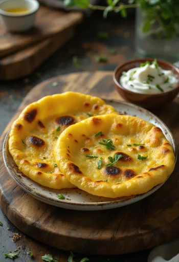 Makki ki roti z jogurtem, danie indyjskie, złocistobrązowe roti podawane z jogurtem