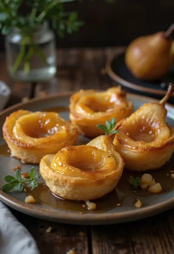 Tarte Tatin z gruszkami, biszkopt karmelowy z plastrami gruszki