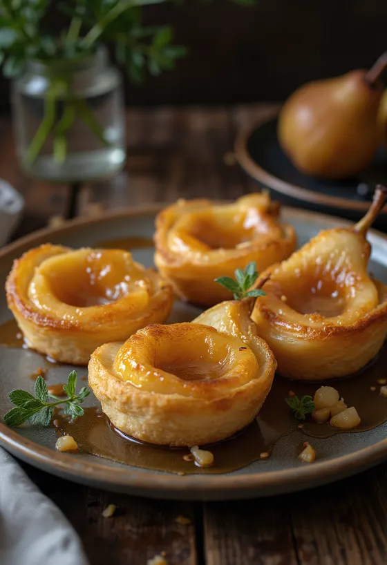 Tarte Tatin z gruszkami, biszkopt karmelowy z plastrami gruszki